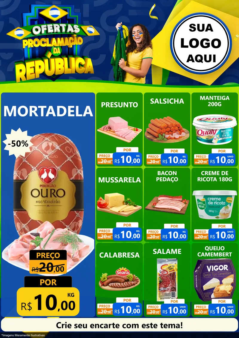 Modelo de Encarte para Encarte A4 Vertical com o tema Ofertas Proclamação da República para Frios e Laticínios