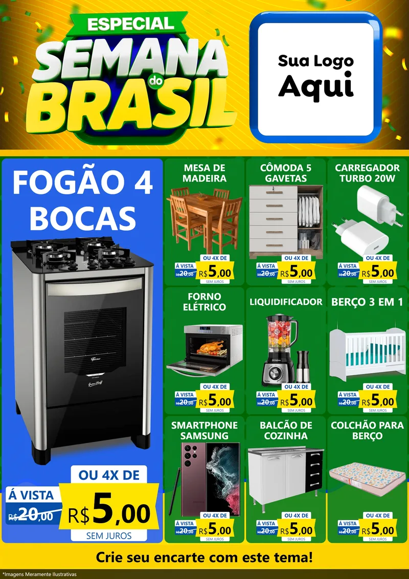 Modelo de Encarte para Encarte A4 Vertical com o tema Especial Semana do Brasil para Móveis e Eletro