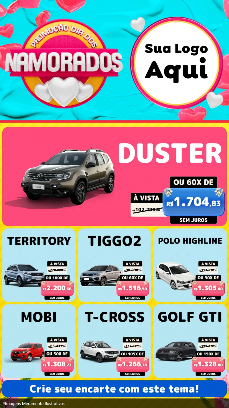 Modelo de Rede Social para Stories com o tema Promoção Dia dos Namorados para Concessionaria de Carros