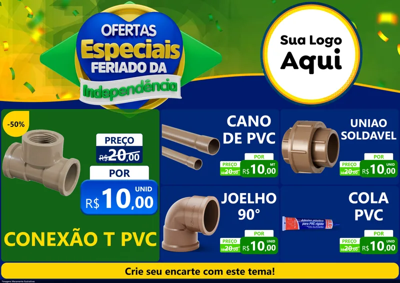 Modelo de Encarte para Encarte A4 Horizontal com o tema Ofertas Especiais Feriado da Independência para Tubos e conexões