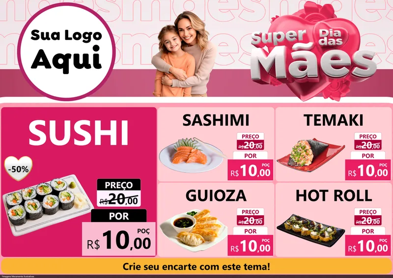 Modelo de Encarte para Encarte A4 Horizontal com o tema Super Dia Das Mães para Comida japonesa