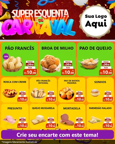 Modelo de Rede Social para Feed Instagram com o tema Super Esquenta de Carnaval para Padaria