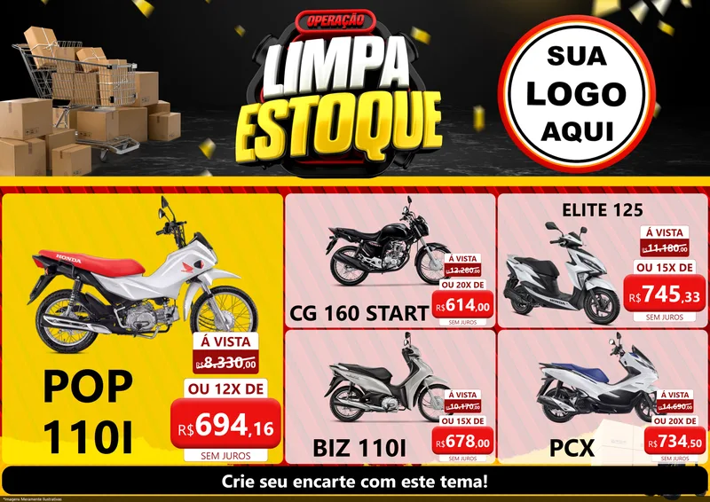 Modelo de Encarte para Encarte A4 Horizontal com o tema Operação Limpa Estoque para Concessionaria de Motos