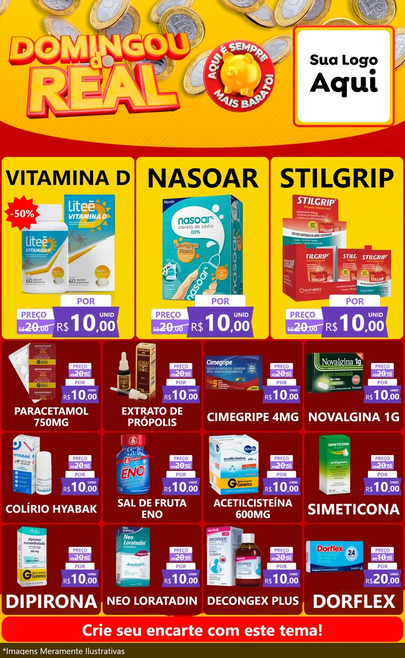 Modelo de Encarte para Encarte Grande com o tema Domingou do Real para Farmácia