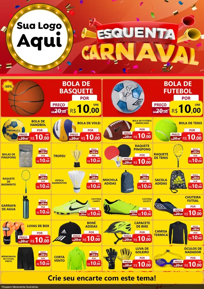 Modelo de Encarte para Encarte A4 Vertical com o tema Esquenta Carnaval para Artigos Esportivos