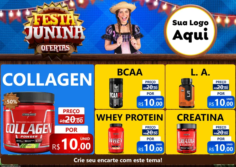 Modelo de Encarte para Encarte A4 Horizontal com o tema Festa Junina Ofertas para Suplementos alimentares