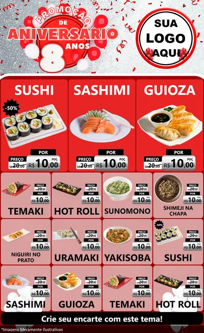 Modelo de Encarte para Encarte Grande com o tema Promoção de Aniversário - 8 Anos para Comida japonesa