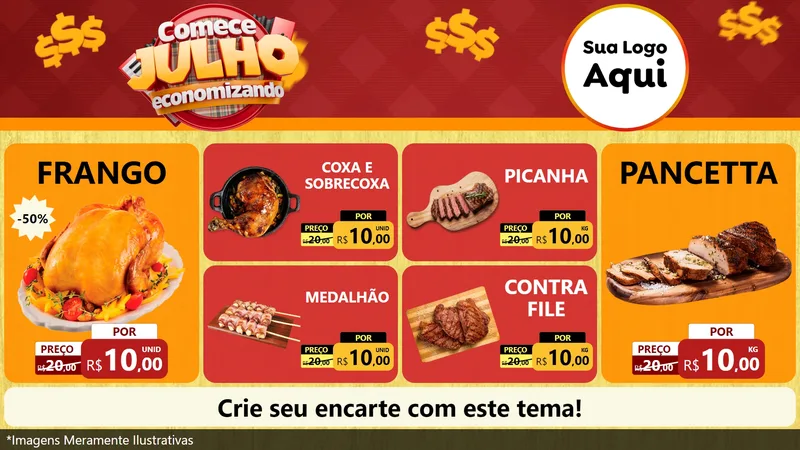 Modelo de TV para TV Horizontal com o tema Comece Julho Economizando para Assados