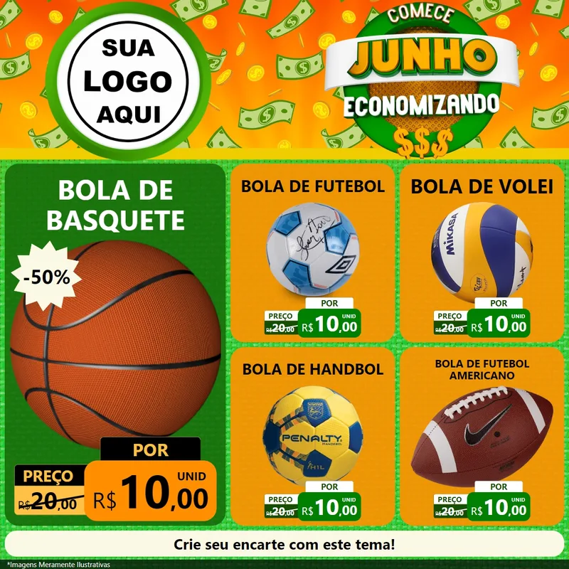 Modelo de Rede Social para Feed Facebook com o tema Comece Junho Economizando para Artigos Esportivos