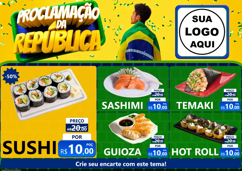 Modelo de Encarte para Encarte A4 Horizontal com o tema Proclamação da República para Comida japonesa