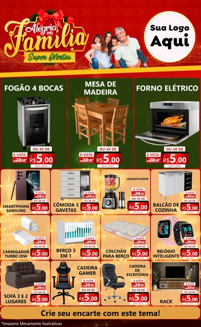 Modelo de Encarte para Encarte Grande com o tema Alegria em Família Super Ofertas - Natal para Móveis e Eletro