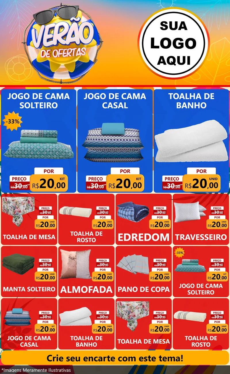 Modelo de Encarte para Encarte Grande com o tema Verão de Ofertas para Cama, Mesa e Banho