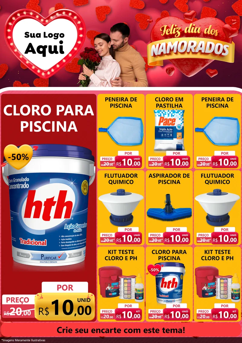 Modelo de Encarte para Encarte A4 Vertical com o tema Feliz Dia Dos Namorados para Produtos para Piscina