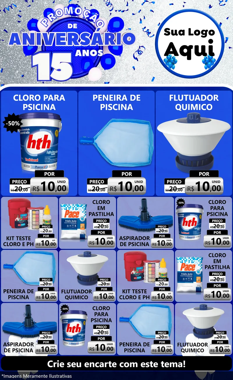 Modelo de Encarte para Encarte Grande com o tema Promoção de Aniversário - 15 Anos para Produtos para Piscina