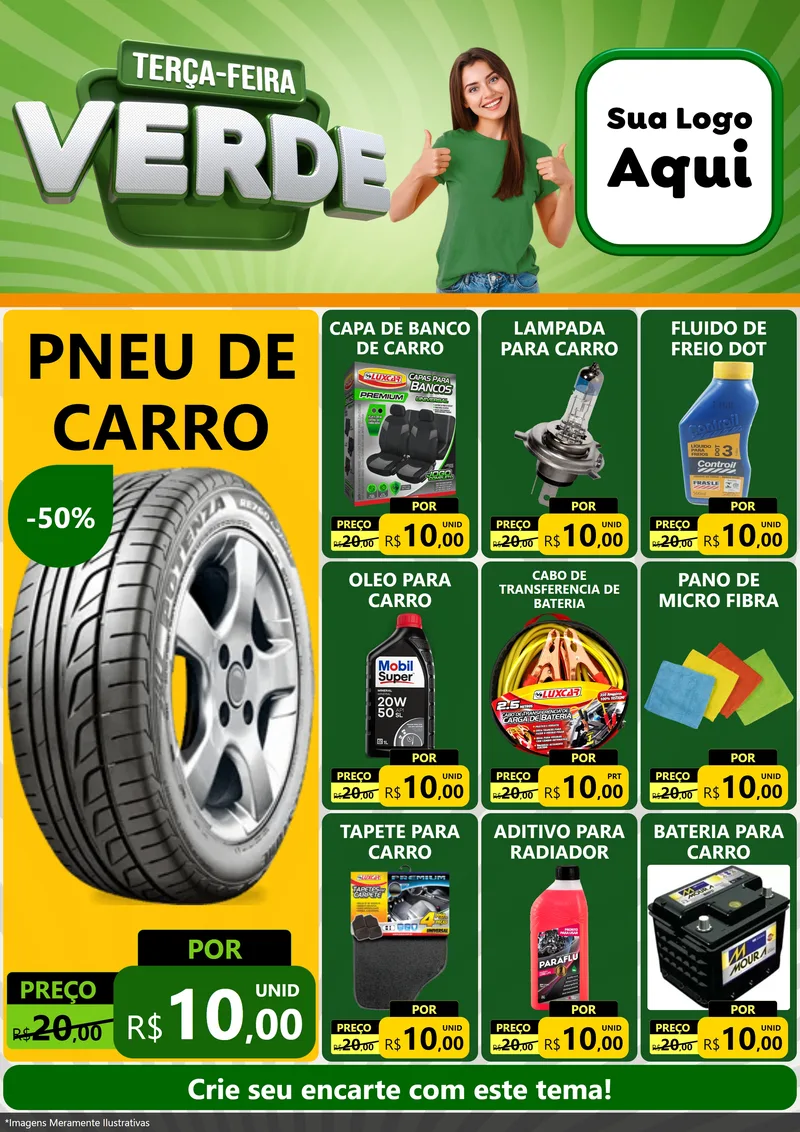 Modelo de Encarte para Encarte A4 Vertical com o tema Terça - Feira Verde para Auto peças