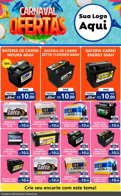 Modelo de Encarte para Encarte Grande com o tema Carnaval de Ofertas para Baterias Elétricas