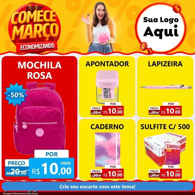 Modelo de Rede Social para Feed Facebook com o tema Comece Março Economizando para Papelaria
