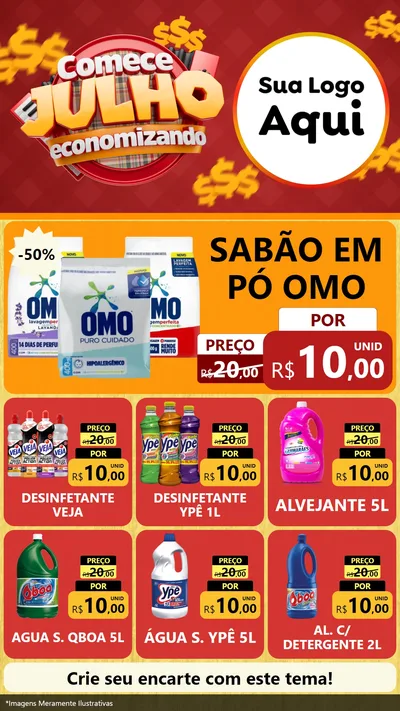 Modelo de Rede Social para Stories com o tema Comece Julho Economizando para Produtos de Limpeza