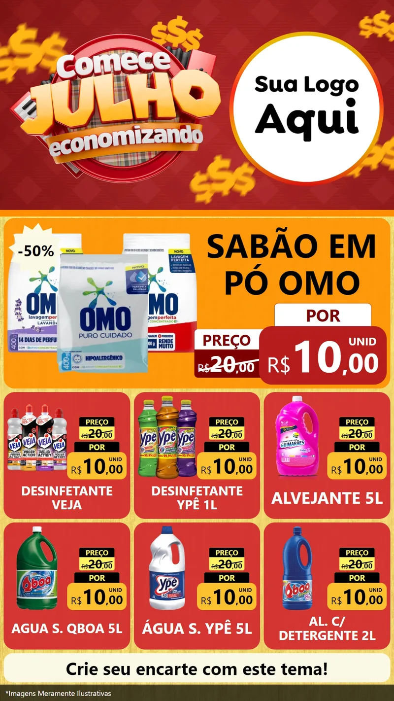 Modelo de Rede Social para Stories com o tema Comece Julho Economizando para Produtos de Limpeza