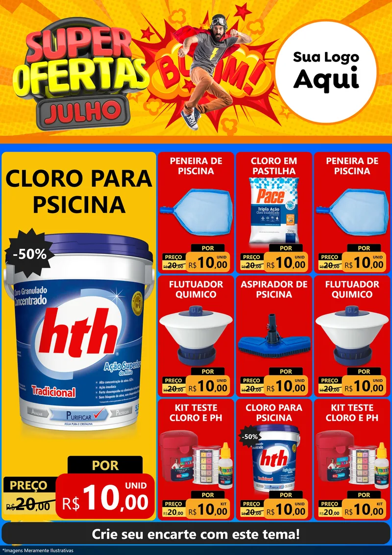 Modelo de Encarte para Encarte A4 Vertical com o tema Super Ofertas Julho para Produtos para Piscina