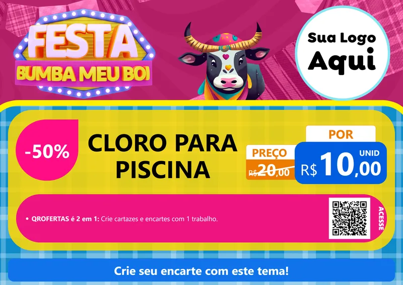 Modelo de Cartaz para Cartaz A4 Horizontal com o tema Festa Bumba Meu Boi para Produtos para Piscina