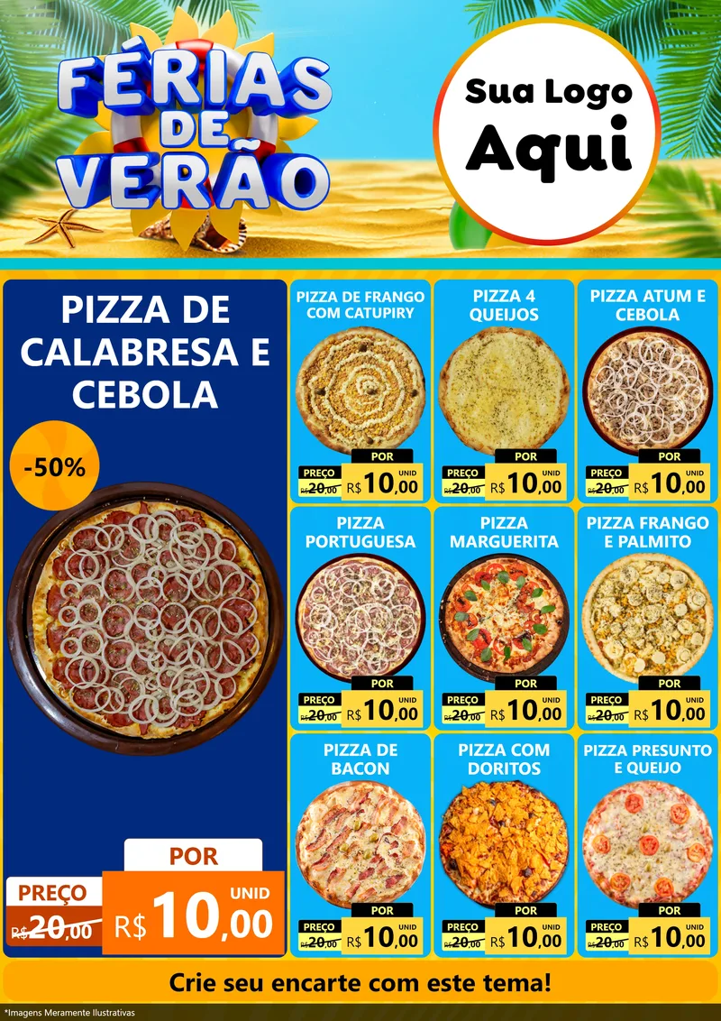 Modelo de Encarte para Encarte A4 Vertical com o tema Férias de Verão para Pizzaria