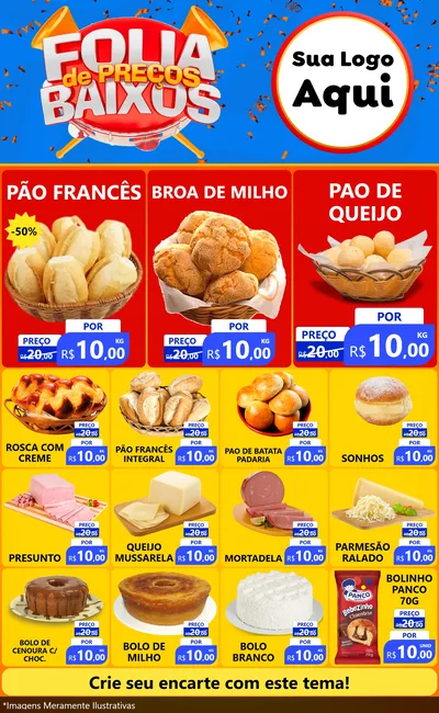 Modelo de Encarte para Encarte Grande com o tema Folia de Preços Baixos para Padaria