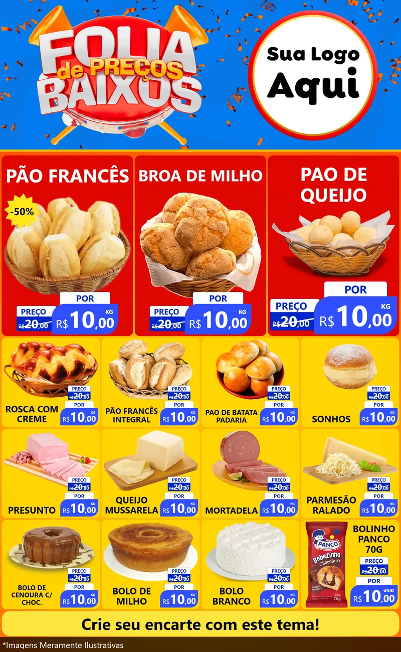 Modelo de Encarte para Encarte Grande com o tema Folia de Preços Baixos para Padaria