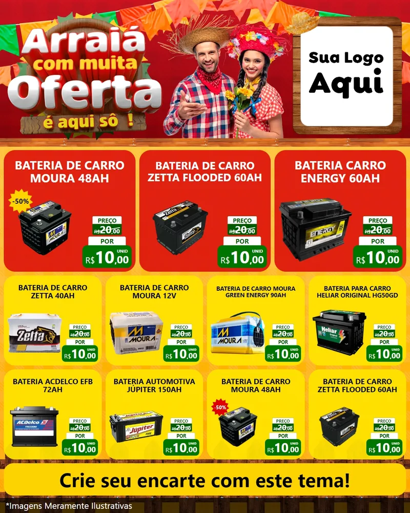 Modelo de Rede Social para Feed Instagram com o tema Arraiá Com Muita Oferta - É Aqui Sô! para Baterias Elétricas