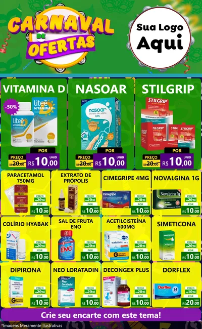Modelo de Encarte para Encarte Grande com o tema Carnaval de Ofertas para Farmácia