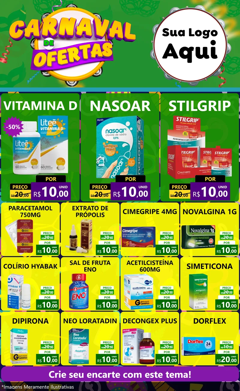 Modelo de Encarte para Encarte Grande com o tema Carnaval de Ofertas para Farmácia