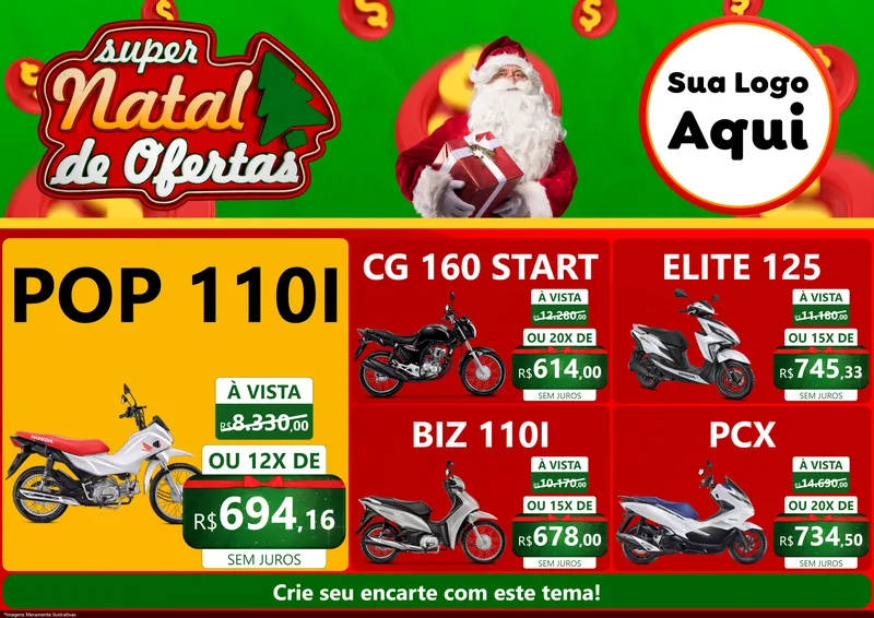 Modelo de Encarte para Encarte A4 Horizontal com o tema Super Natal de Ofertas para Concessionaria de Motos