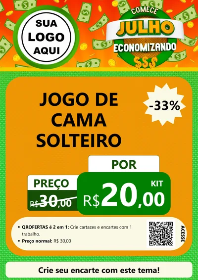Modelo de Cartaz para Cartaz A4 Vertical com o tema Comece Julho Economizando para Cama, Mesa e Banho