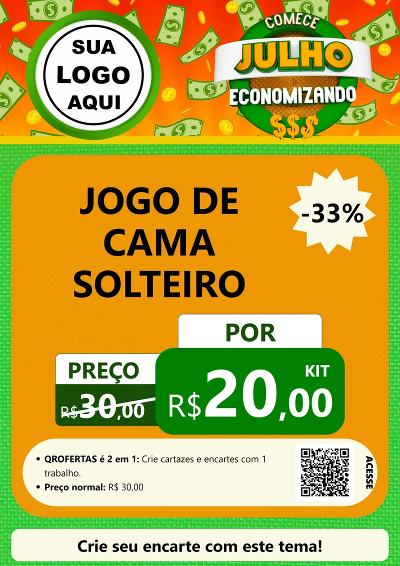 Modelo de Cartaz para Cartaz A4 Vertical com o tema Comece Julho Economizando para Cama, Mesa e Banho