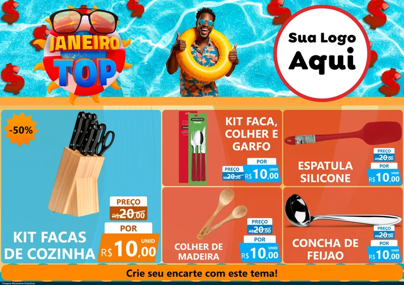 Modelo de Encarte para Encarte A4 Horizontal com o tema Janeiro Top para Utilidades Domésticas