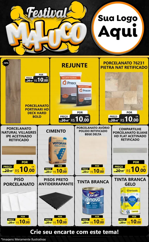Modelo de Encarte para Encarte Grande com o tema Festival Maluco para Pisos e revestimentos