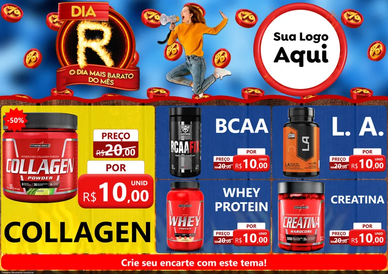 Modelo de Encarte para Encarte A4 Horizontal com o tema Dia R - O Dia Mais Barato Do Mês para Suplementos alimentares