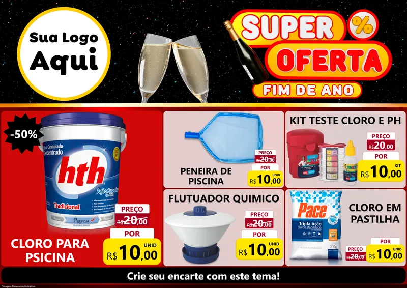 Modelo de Encarte para Encarte A4 Horizontal com o tema Super Oferta Fim de Ano para Produtos para Piscina