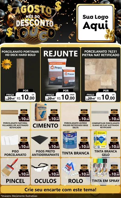 Modelo de Encarte para Encarte Grande com o tema Agosto Mês do Desconto Louco para Pisos e revestimentos