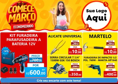 Modelo de Encarte para Encarte A4 Horizontal com o tema Comece Março Economizando para Maquinas e Ferramentas