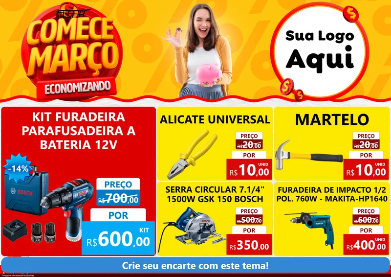Modelo de Encarte para Encarte A4 Horizontal com o tema Comece Março Economizando para Maquinas e Ferramentas