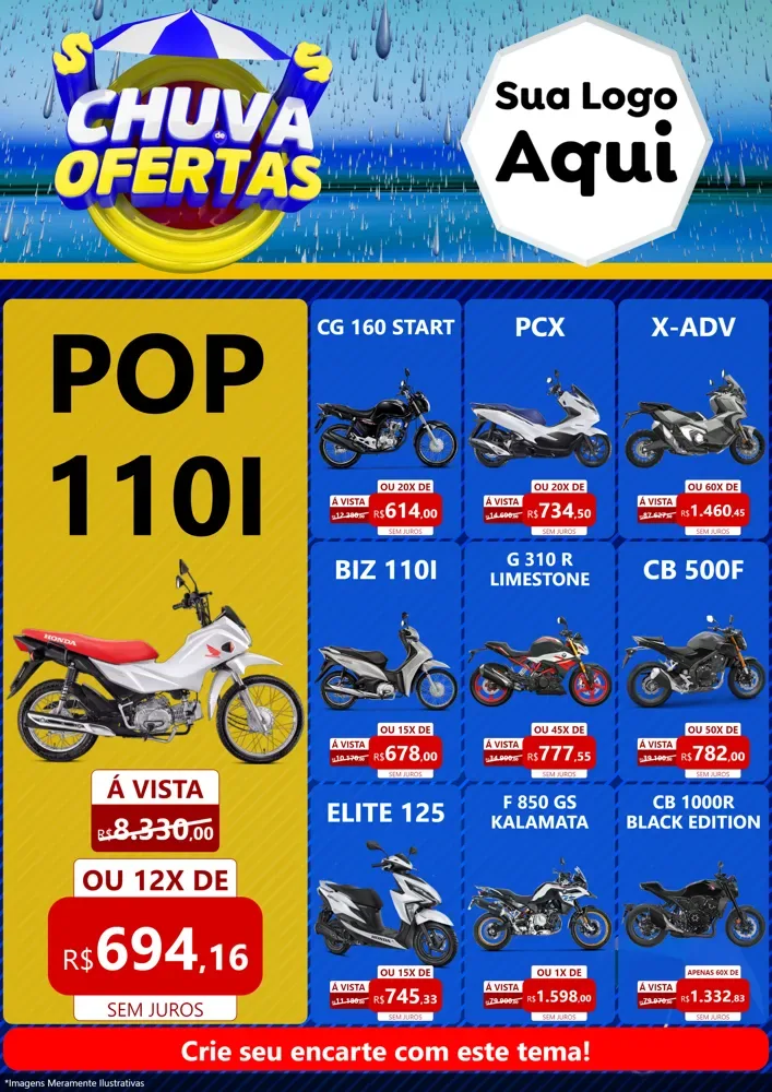 Modelo de Encarte para Encarte A4 Vertical com o tema Chuva de Ofertas para Concessionaria de Motos