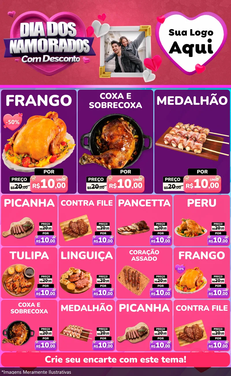 Modelo de Encarte para Encarte Grande com o tema Dia Dos Namorados Com Desconto para Assados