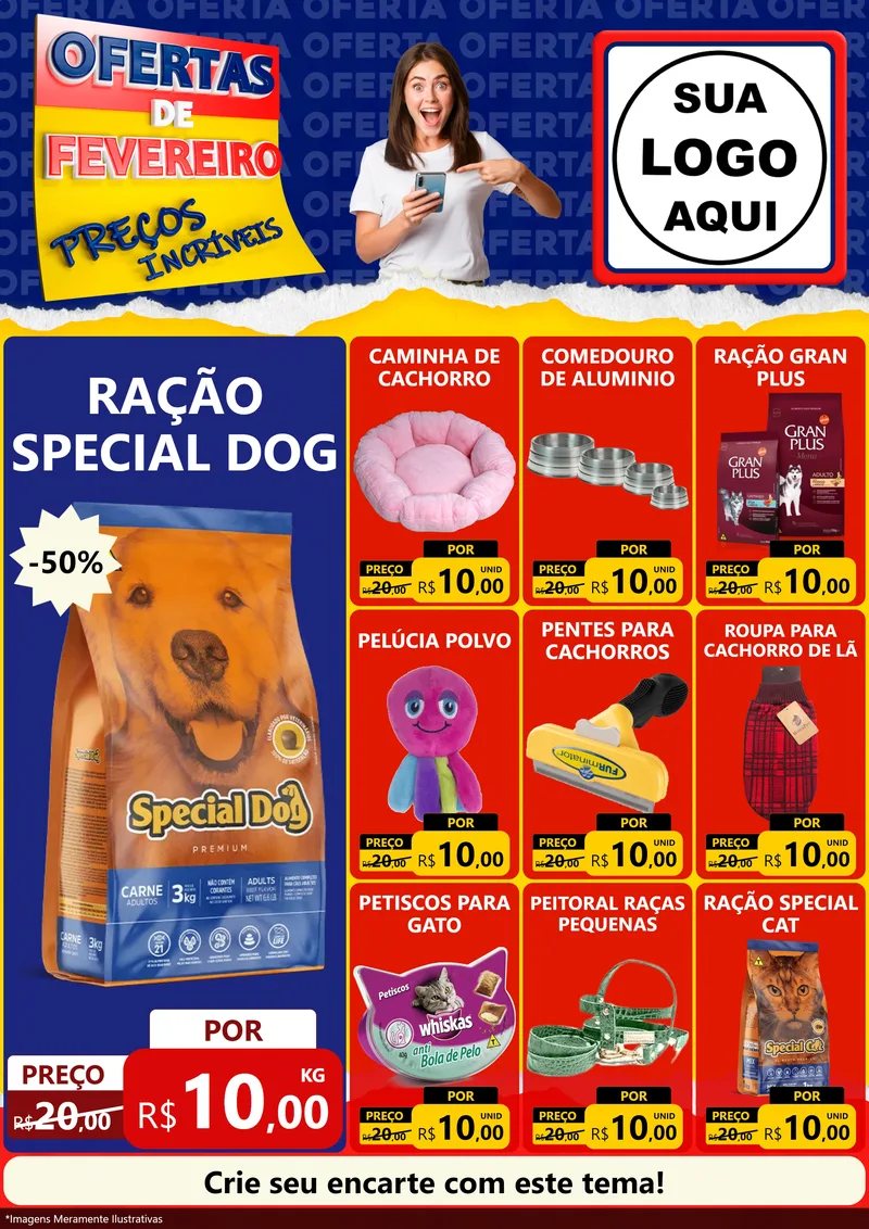 Modelo de Encarte para Encarte A4 Vertical com o tema Ofertas de Fevereiro - Preços Incríveis para Pet Shop