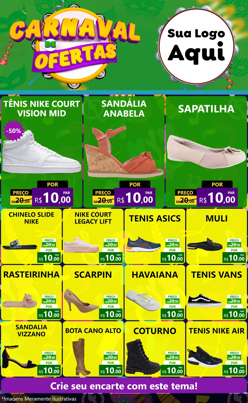 Modelo de Encarte para Encarte Grande com o tema Carnaval de Ofertas para Calçados