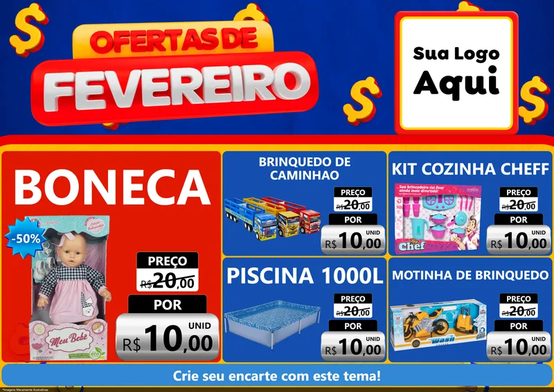 Modelo de Encarte para Encarte A4 Horizontal com o tema Ofertas de Fevereiro para Brinquedos