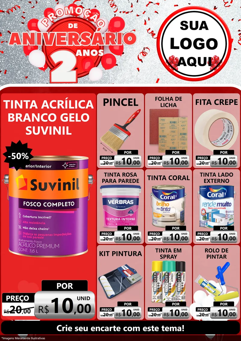 Modelo de Encarte para Encarte A4 Vertical com o tema Promoção de Aniversário - 2 Anos para Tintas e Ferramentas