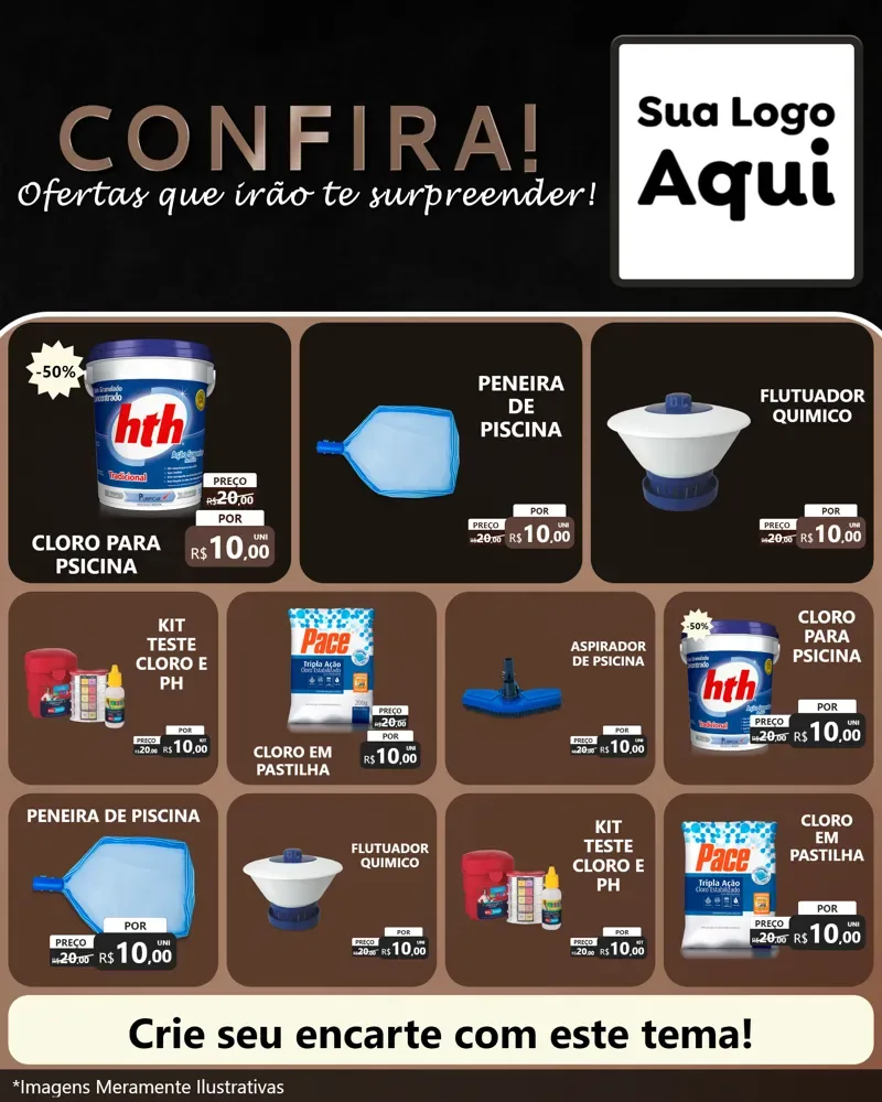 Modelo de Rede Social para Feed Instagram com o tema Confira! Ofertas que irão te surpreender! para Produtos para Piscina
