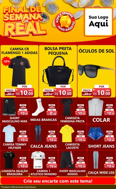 Modelo de Encarte para Encarte Grande com o tema Final de Semana do Real para Roupas e acessórios