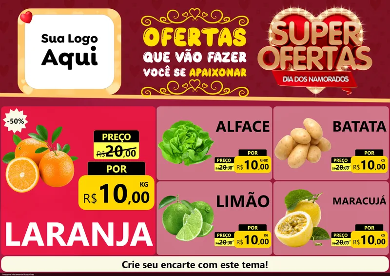 Modelo de Encarte para Encarte A4 Horizontal com o tema Dia dos Namorados para Hortifrúti